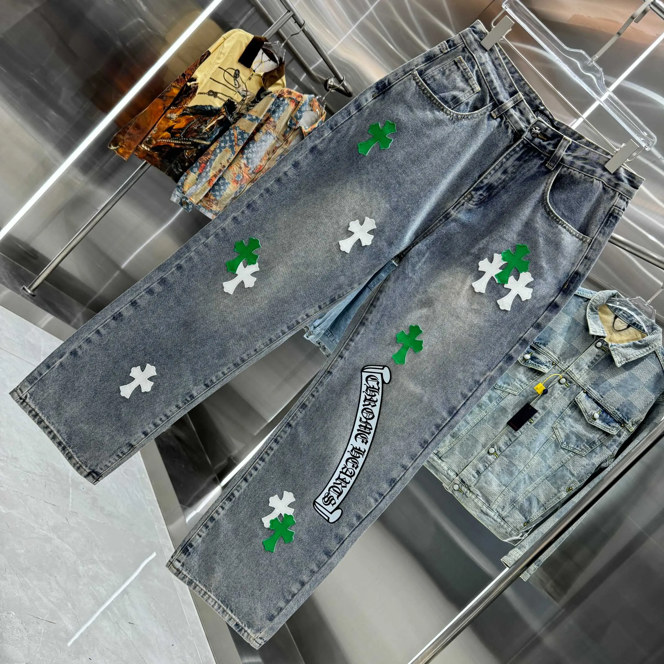 🅿️270 Crow Heart Cross logo + printed logo jeans 2025 latest product, original goods, washed casual jeans, imported original washed stretch fabric, comfortable and elastic, original hardware accessories decorated with logo, super correct version, extremely high grade, counter quality, fashionable and stylish upper body. The printing adopts imported foam printing, customized buttons, YKK zippers. The complete set of accessories is customized by molding. Color: blue Size: S-XXL 28 30 32 34 36 code